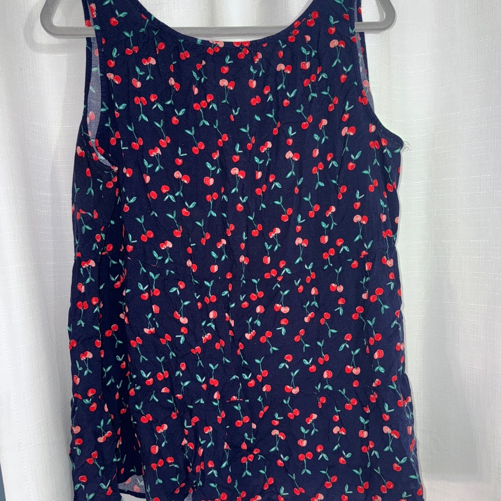 Cherry Print Sleeveless Top - Navy and Red